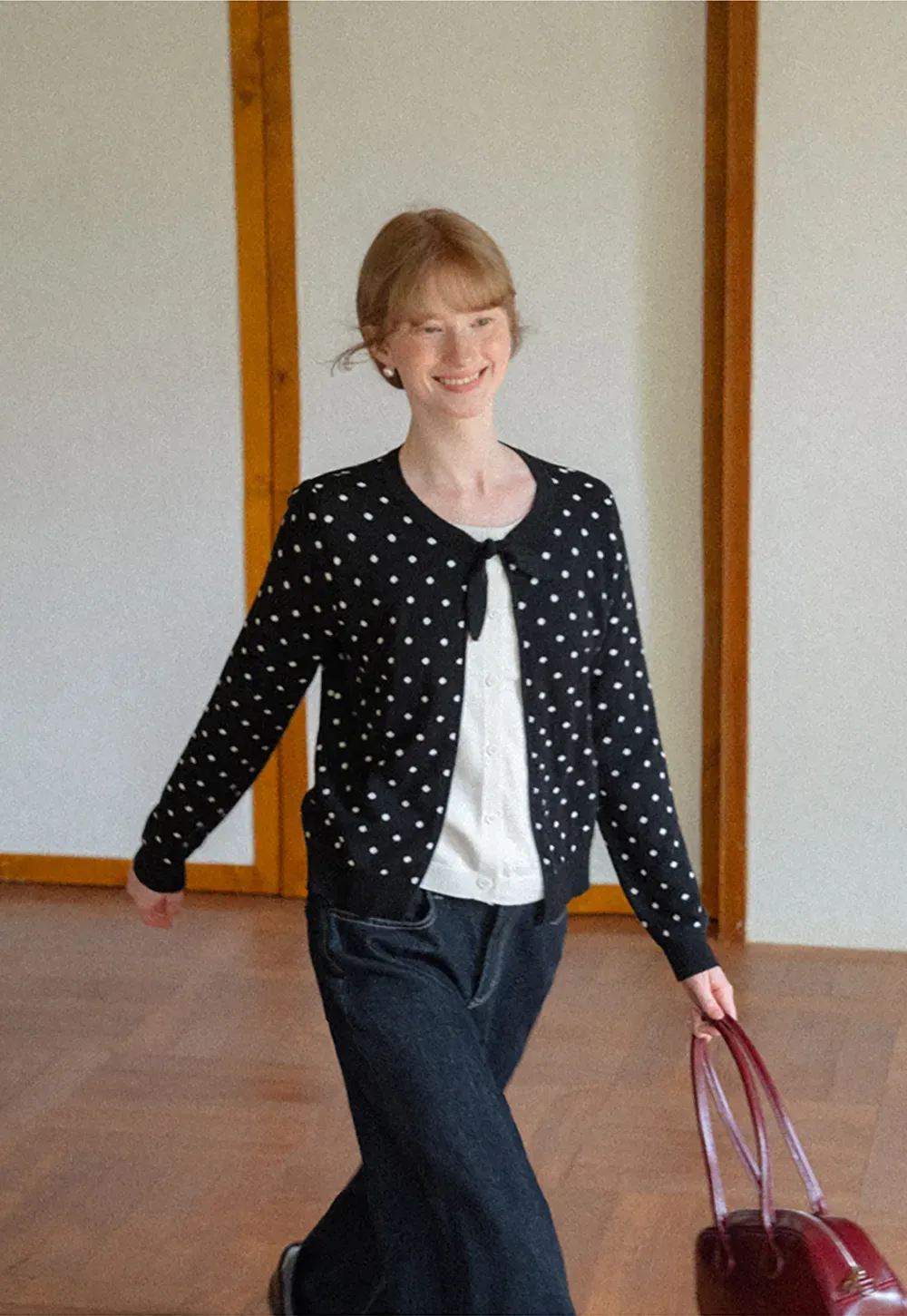 Polka Dot Pattern Bow Neck Knit Cardigan