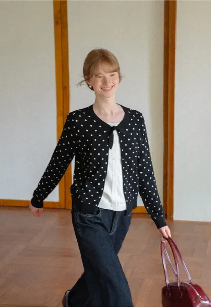Polka Dot Pattern Bow Neck Knit Cardigan
