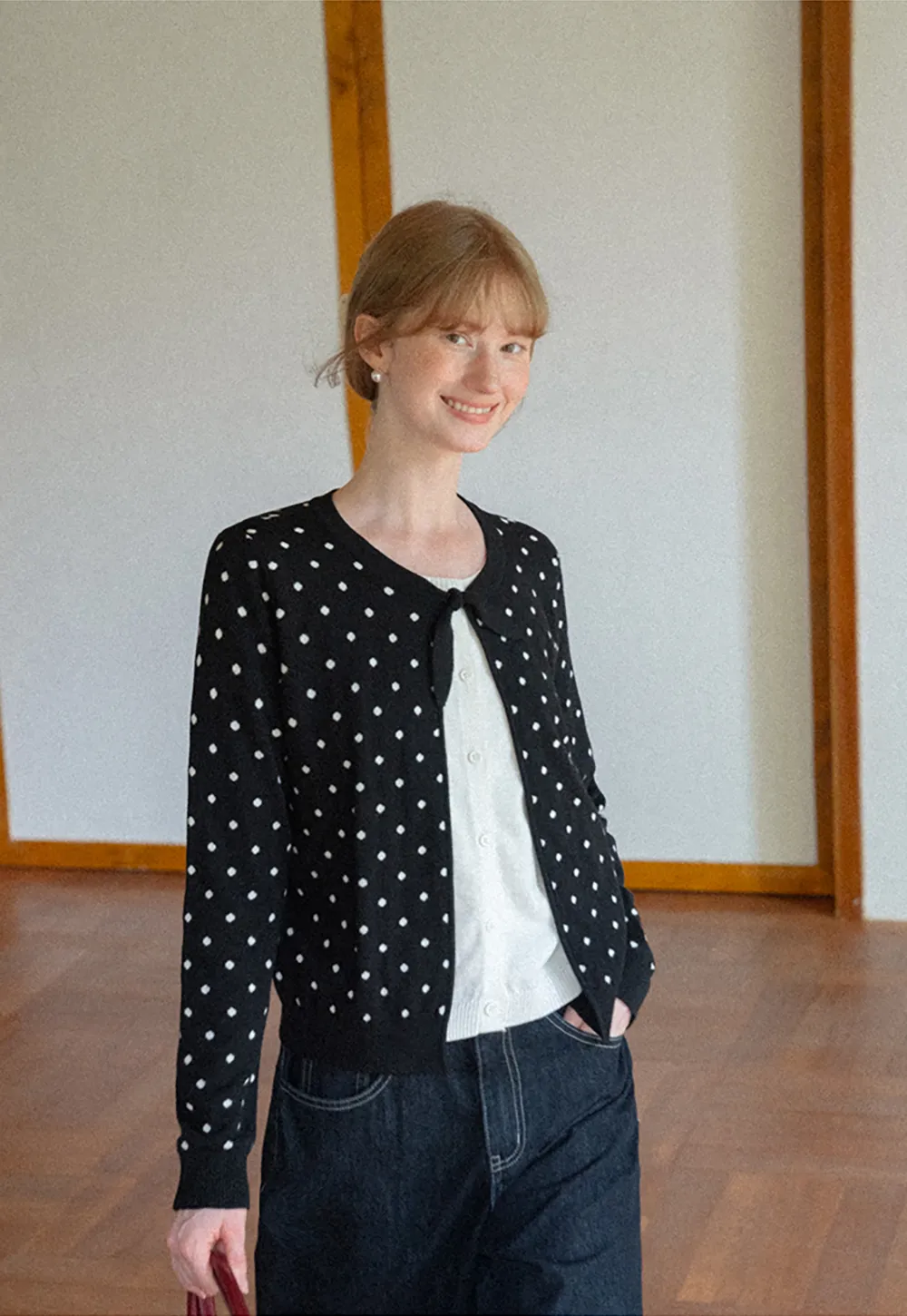 Polka Dot Pattern Bow Neck Knit Cardigan