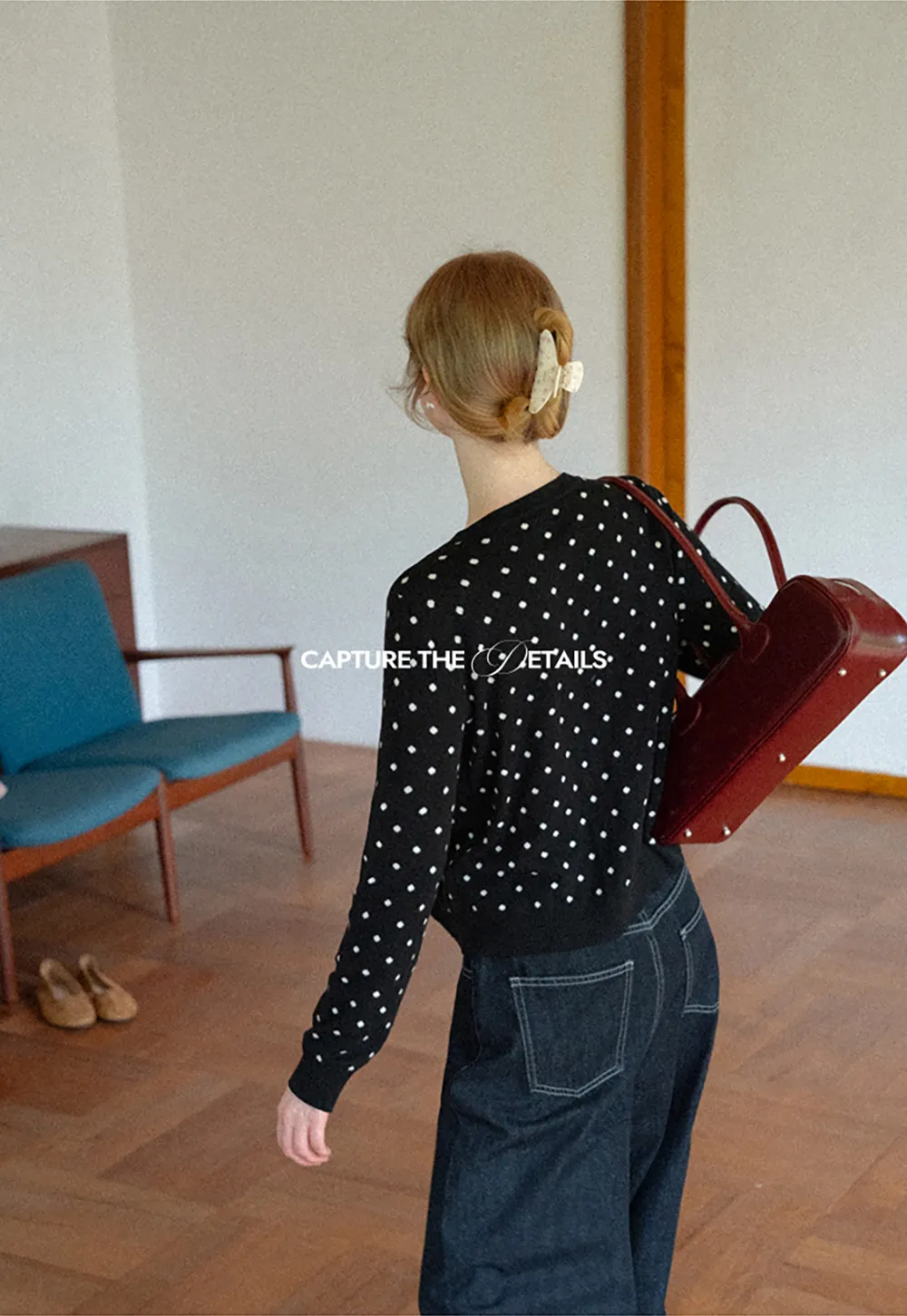 Polka Dot Pattern Bow Neck Knit Cardigan