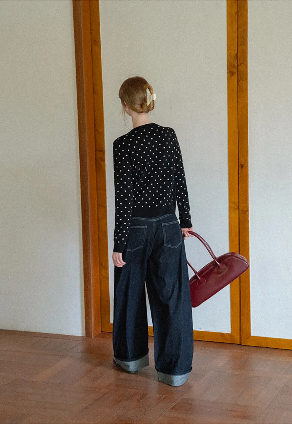Polka Dot Pattern Bow Neck Knit Cardigan