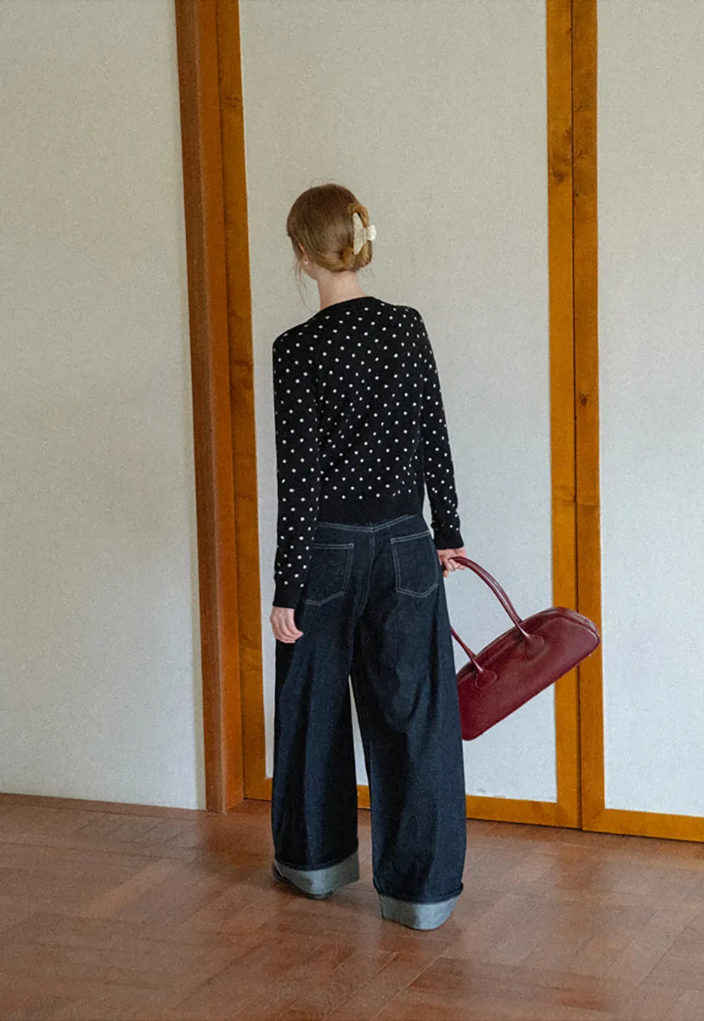 Polka Dot Pattern Bow Neck Knit Cardigan