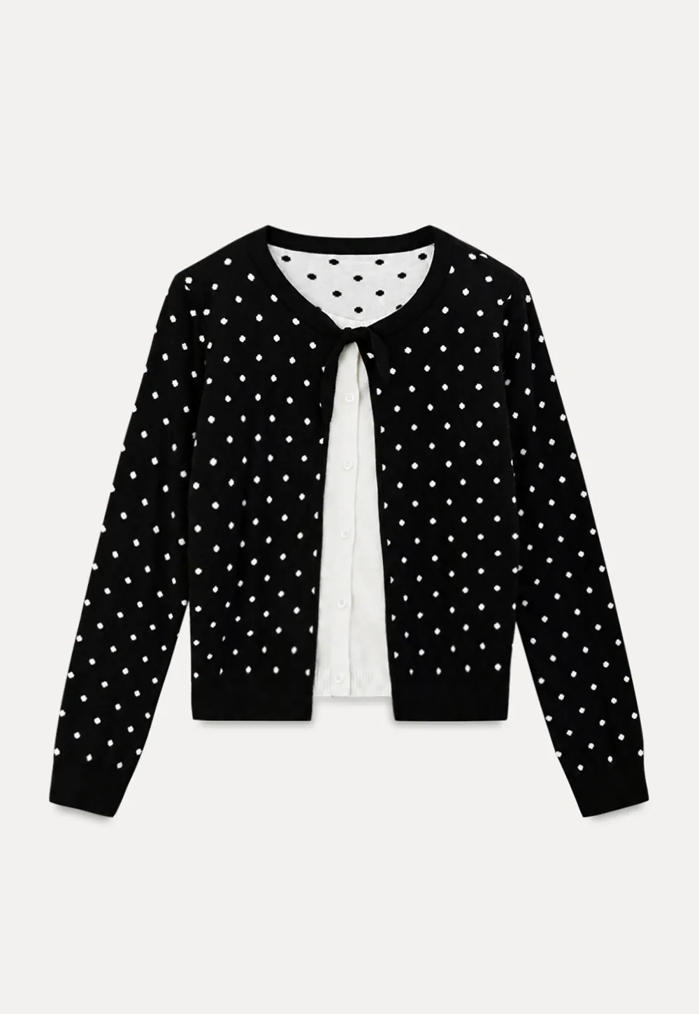 Polka Dot Pattern Bow Neck Knit Cardigan