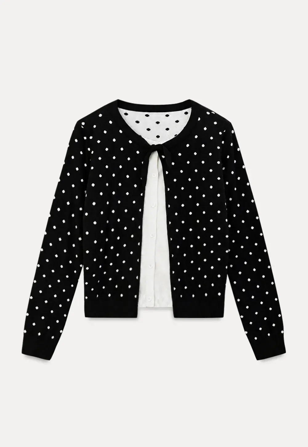 Polka Dot Pattern Bow Neck Knit Cardigan