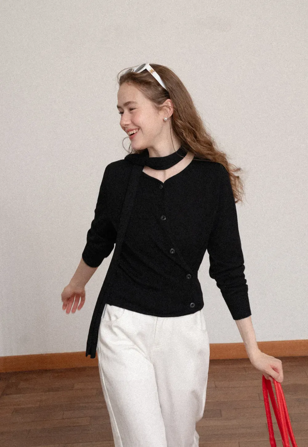 Choker Neck Asymmetrical Button Front Knit Sweater