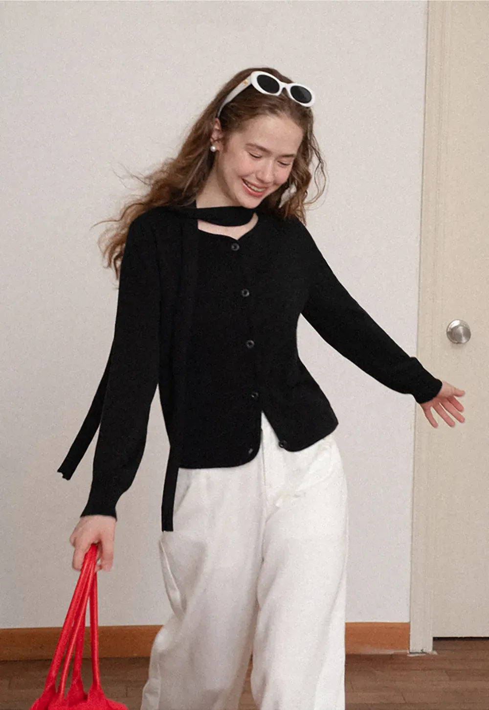 Choker Neck Asymmetrical Button Front Knit Sweater