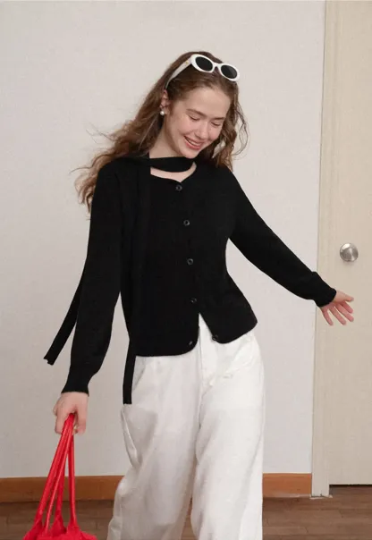 Choker Neck Asymmetrical Button Front Knit Sweater