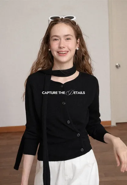 Choker Neck Asymmetrical Button Front Knit Sweater