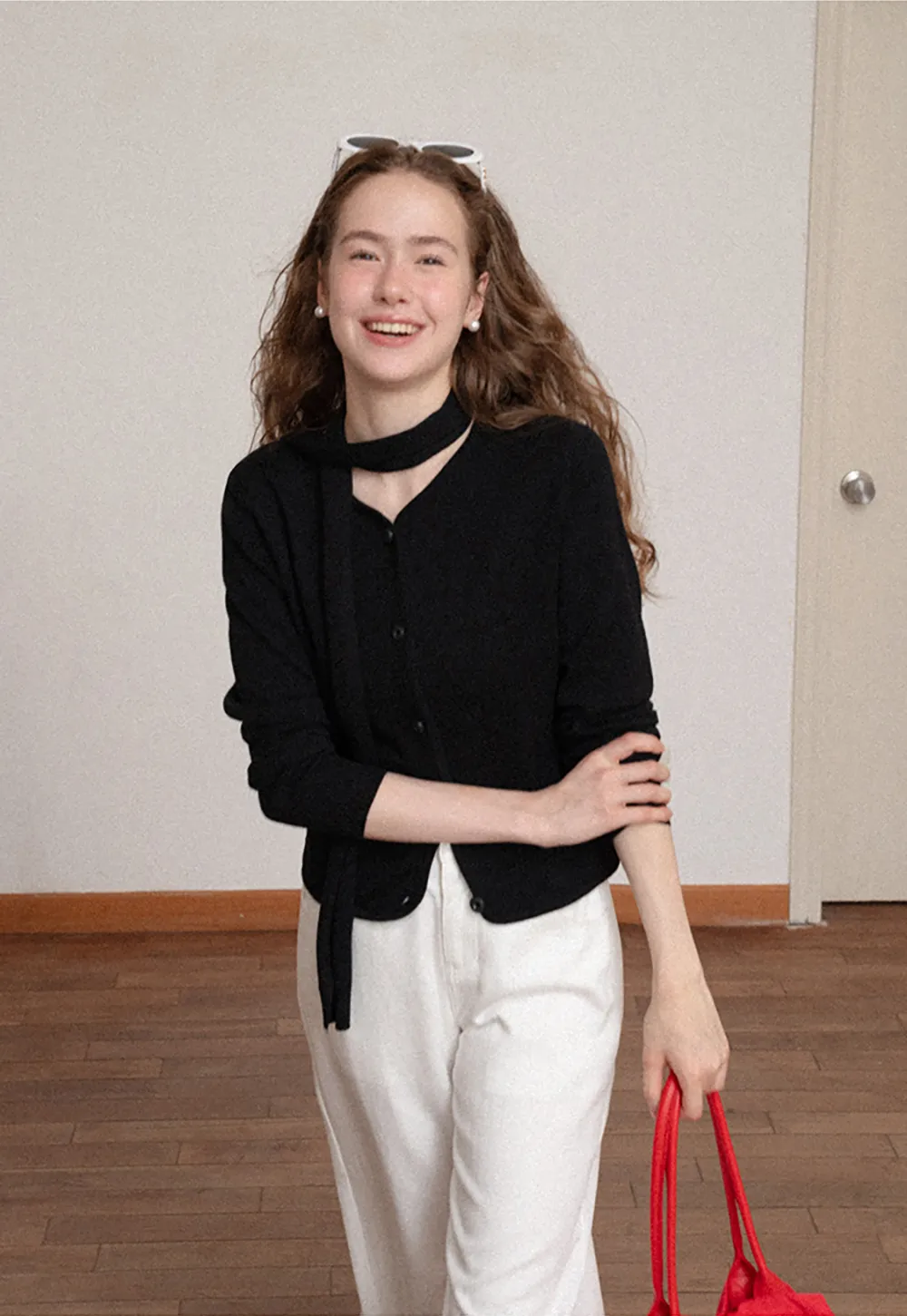 Choker Neck Asymmetrical Button Front Knit Sweater