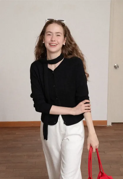 Choker Neck Asymmetrical Button Front Knit Sweater