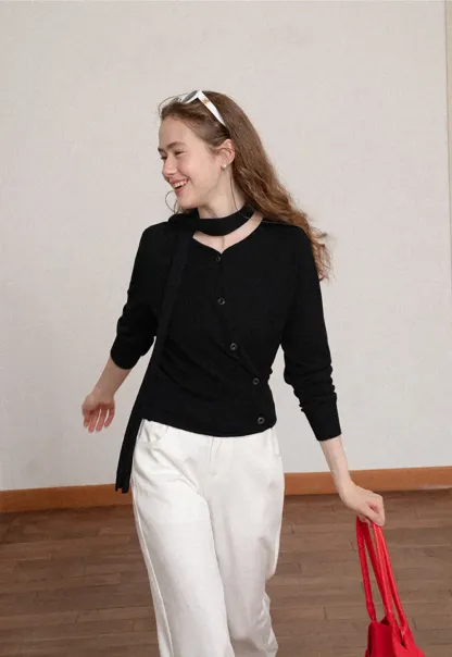 Choker Neck Asymmetrical Button Front Knit Sweater