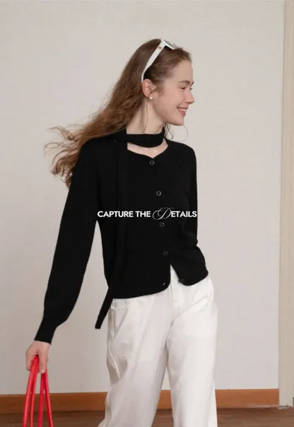 Choker Neck Asymmetrical Button Front Knit Sweater