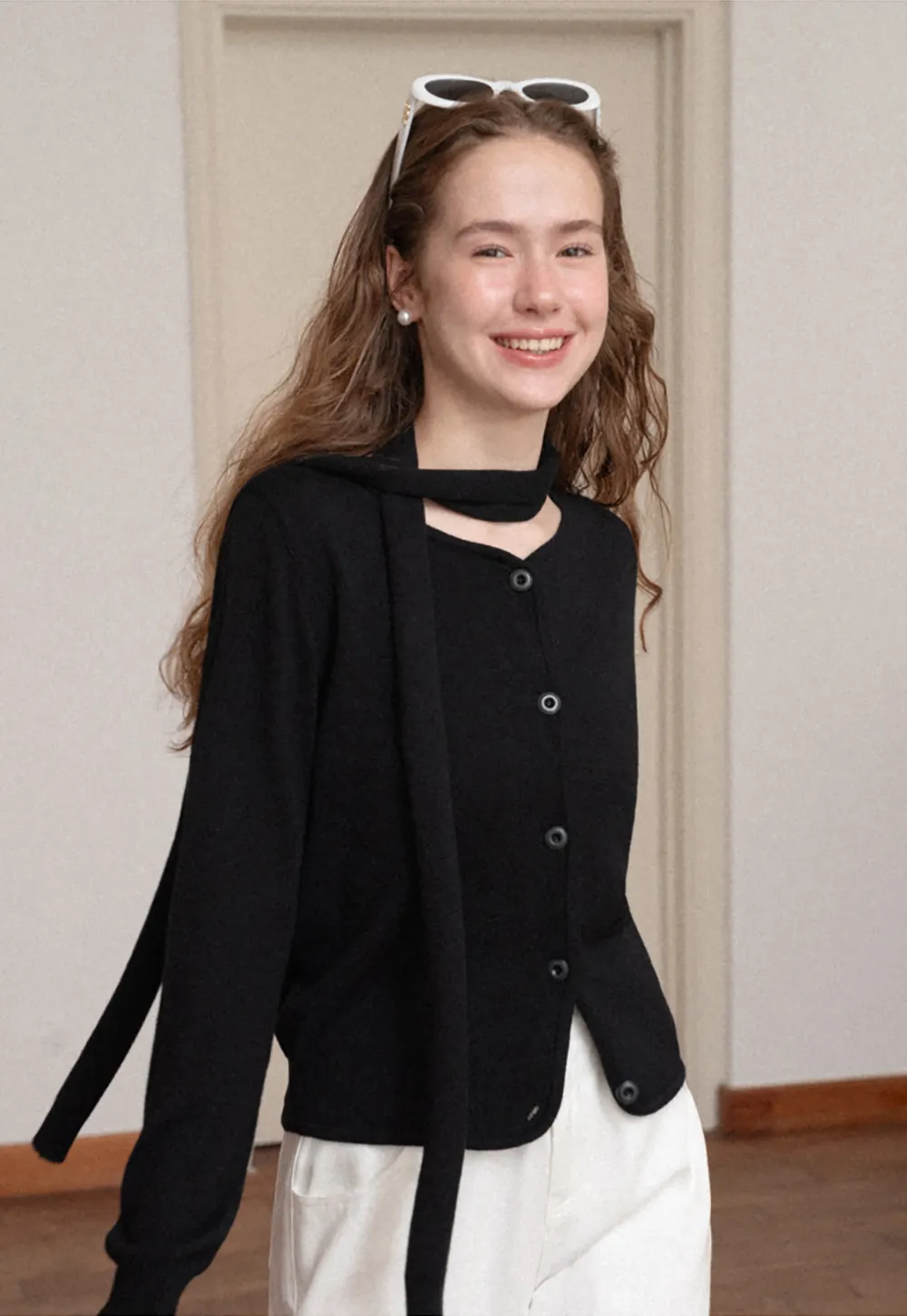 Choker Neck Asymmetrical Button Front Knit Sweater