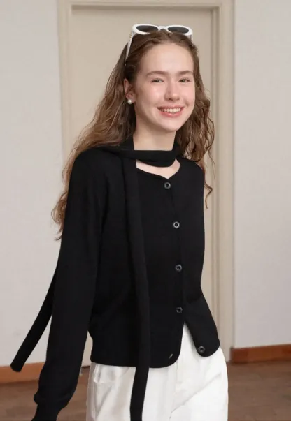 Choker Neck Asymmetrical Button Front Knit Sweater