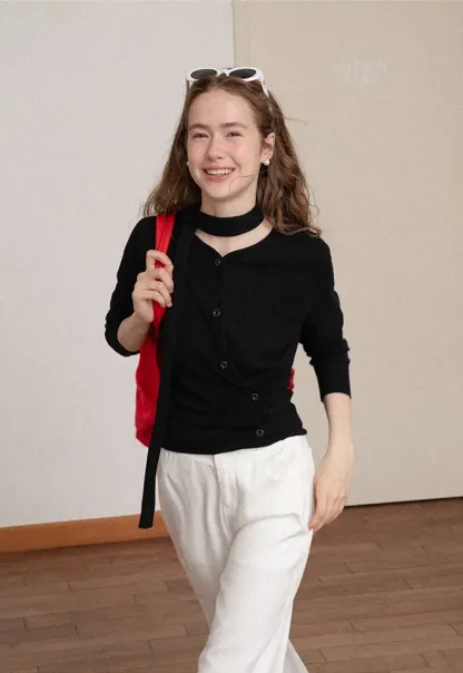 Choker Neck Asymmetrical Button Front Knit Sweater