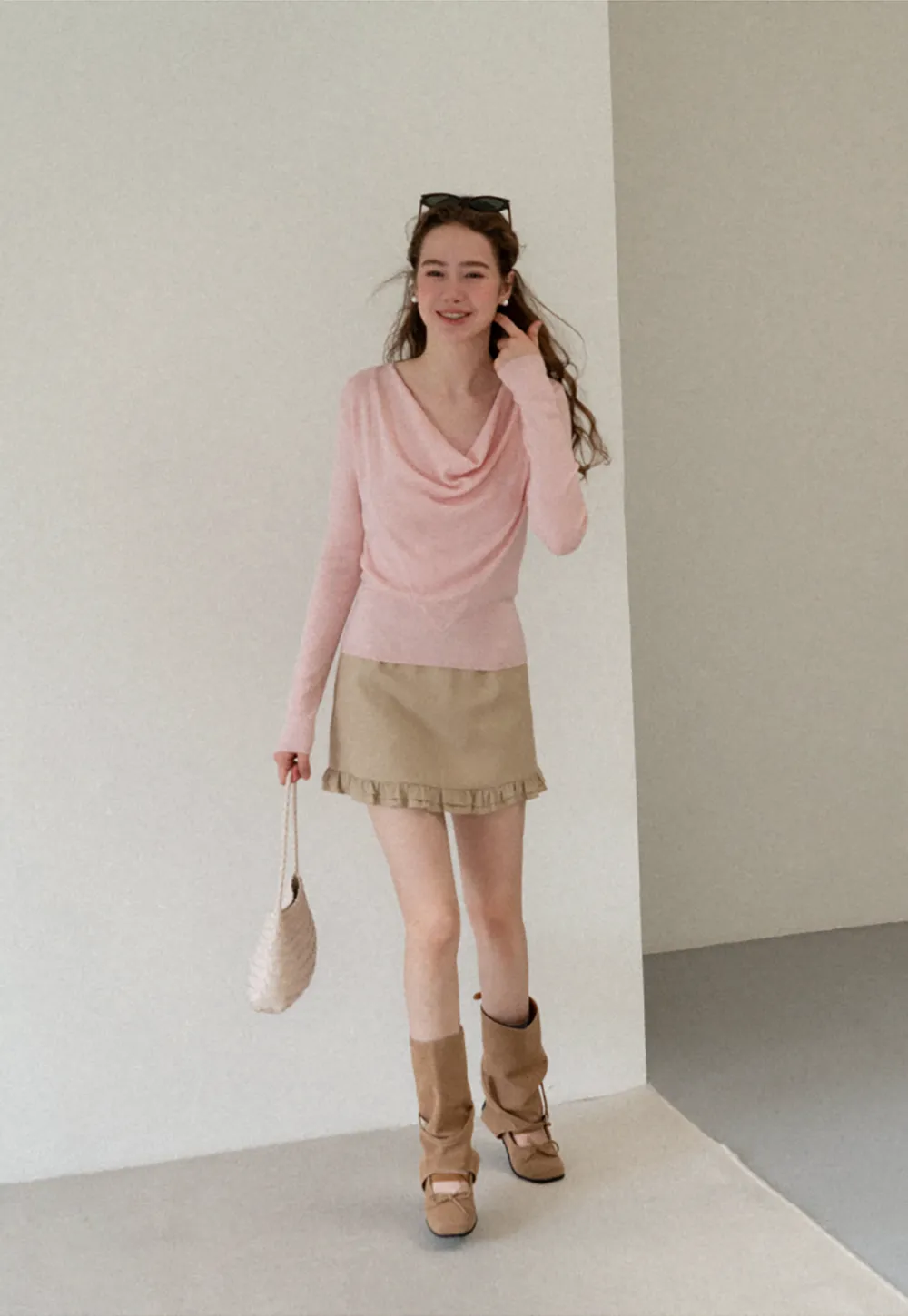 Cowl Neck Long Sleeve Woolen Knit Sweater