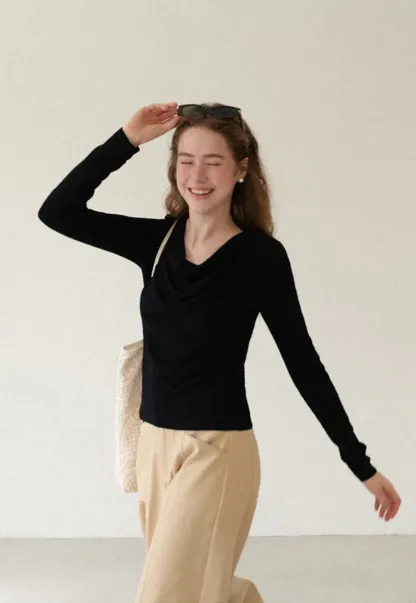 Cowl Neck Long Sleeve Woolen Knit Sweater
