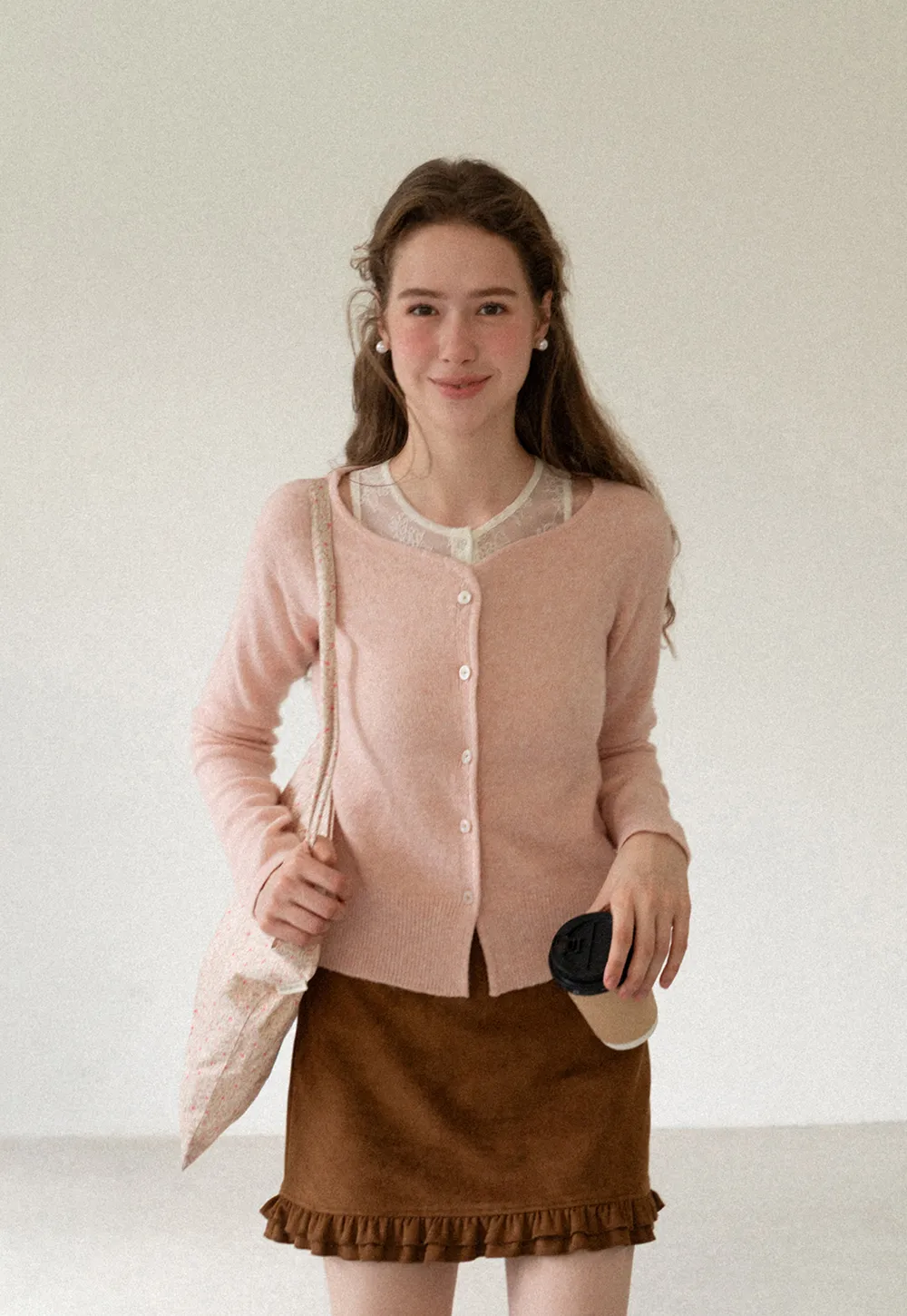 Lace Trim V Neck Button Front Knit Cardigan