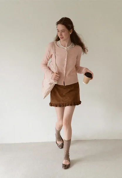 Lace Trim V Neck Button Front Knit Cardigan