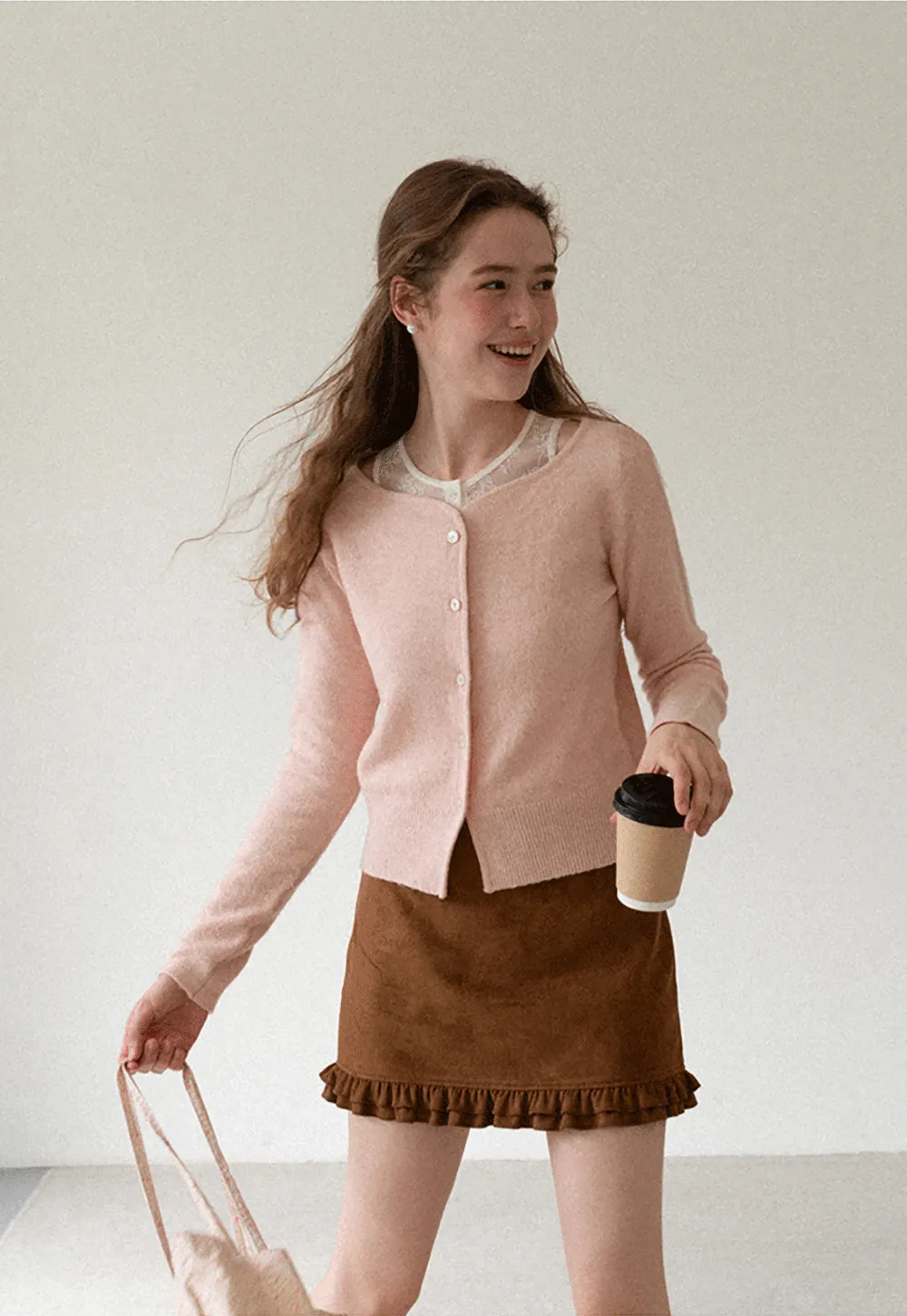 Lace Trim V Neck Button Front Knit Cardigan