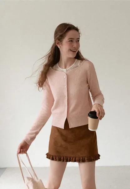 Lace Trim V Neck Button Front Knit Cardigan