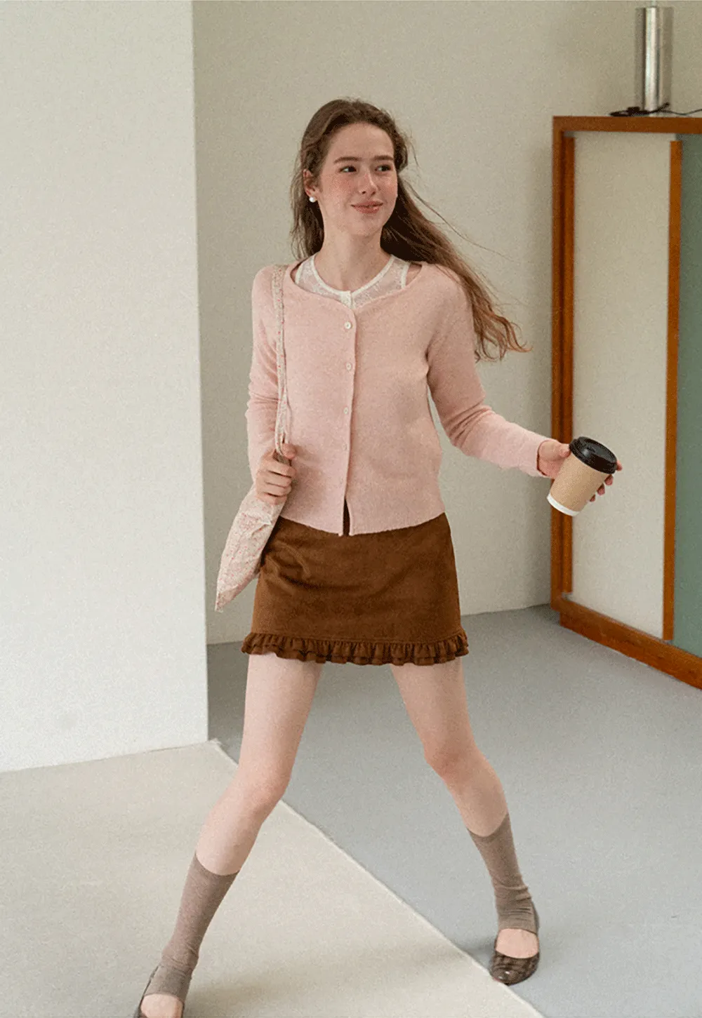 Lace Trim V Neck Button Front Knit Cardigan