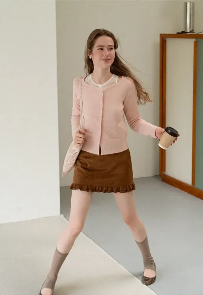 Lace Trim V Neck Button Front Knit Cardigan