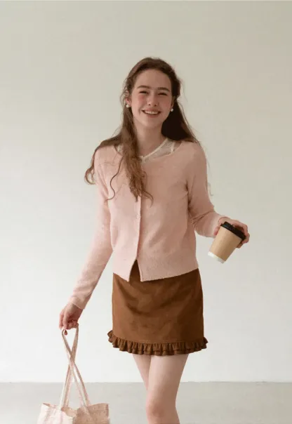Lace Trim V Neck Button Front Knit Cardigan