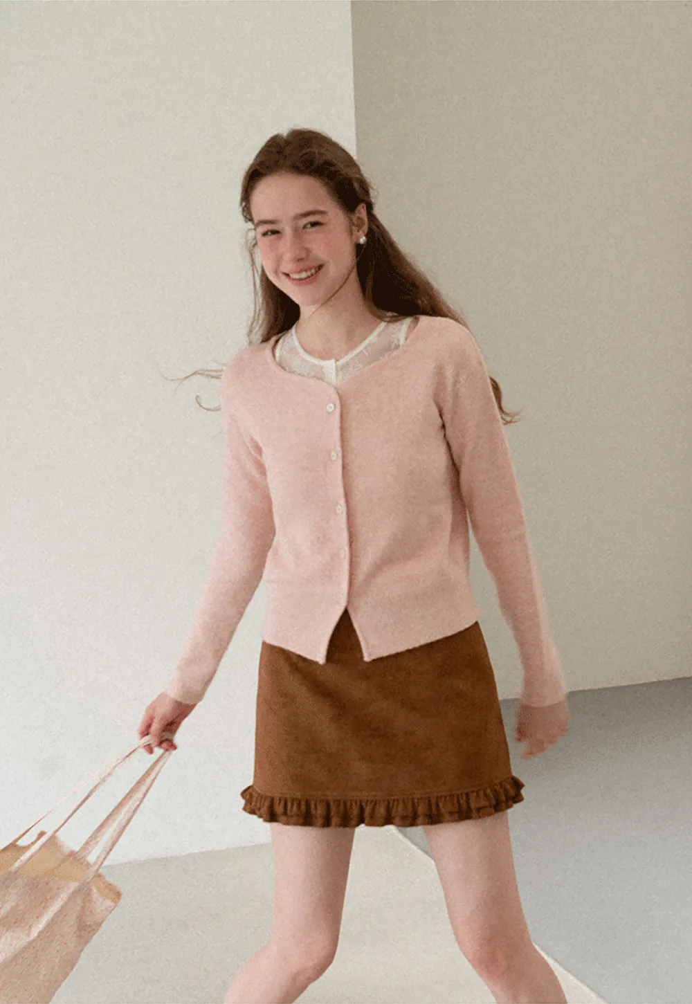 Lace Trim V Neck Button Front Knit Cardigan
