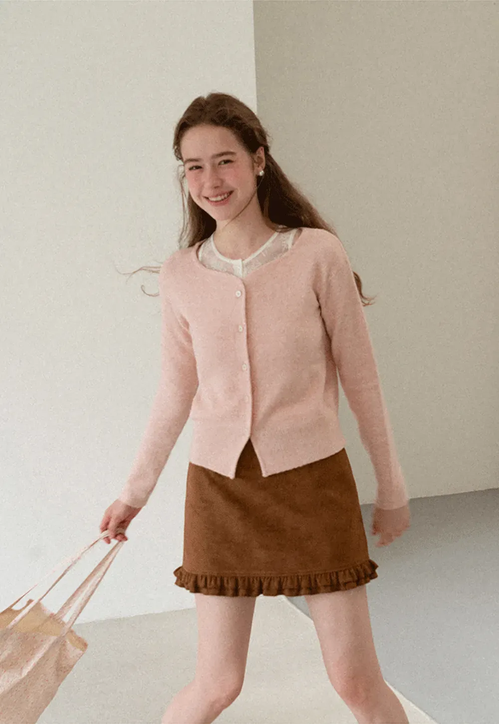 Lace Trim V Neck Button Front Knit Cardigan