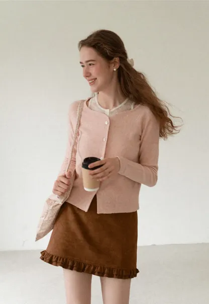 Lace Trim V Neck Button Front Knit Cardigan