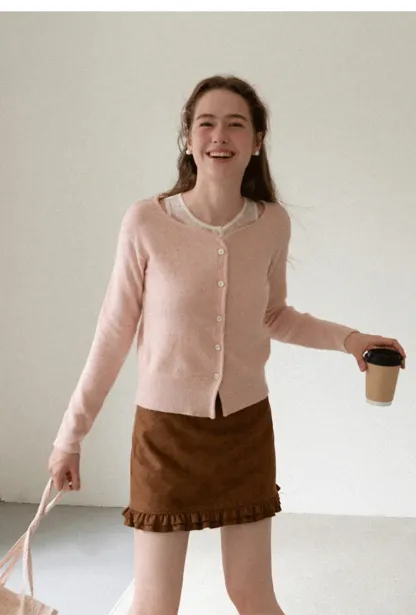 Lace Trim V Neck Button Front Knit Cardigan