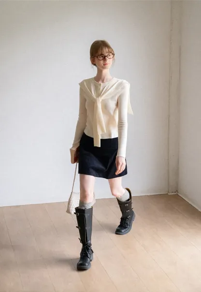 Striped Knit Sweater with Detachable Scarf Collar