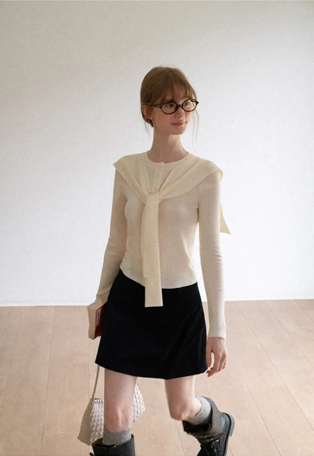 Striped Knit Sweater with Detachable Scarf Collar