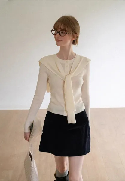 Striped Knit Sweater with Detachable Scarf Collar