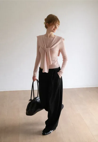 Striped Knit Sweater with Detachable Scarf Collar