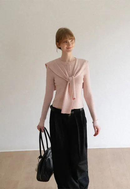 Striped Knit Sweater with Detachable Scarf Collar
