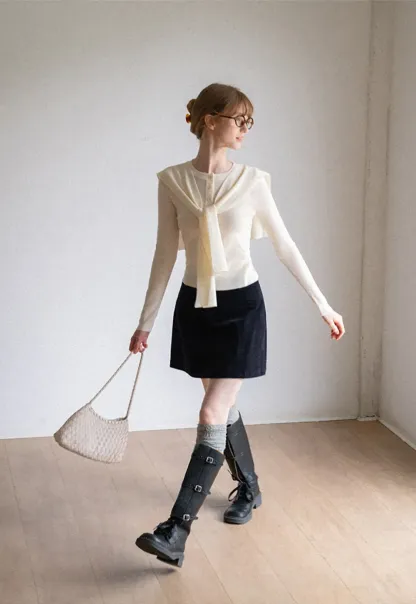 Striped Knit Sweater with Detachable Scarf Collar