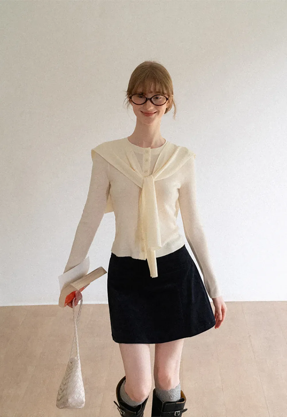 Striped Knit Sweater with Detachable Scarf Collar