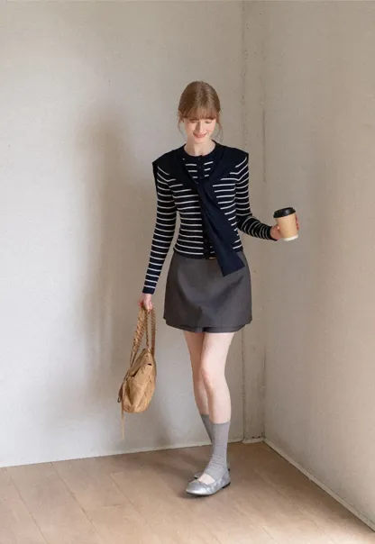 Striped Knit Sweater with Detachable Scarf Collar