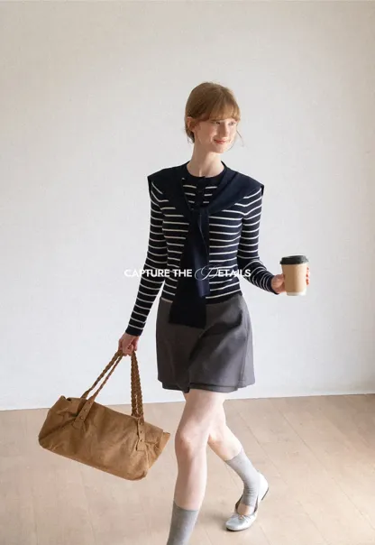 Striped Knit Sweater with Detachable Scarf Collar