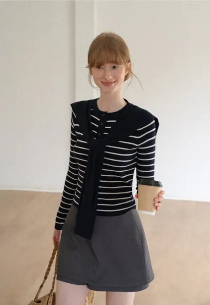 Striped Knit Sweater with Detachable Scarf Collar