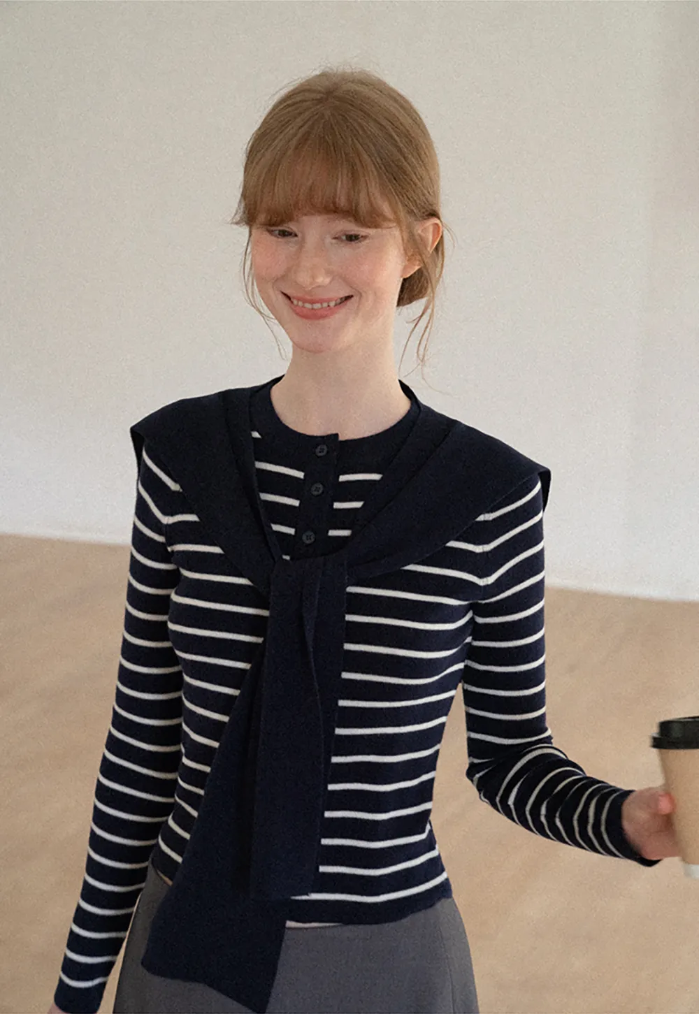 Striped Knit Sweater with Detachable Scarf Collar