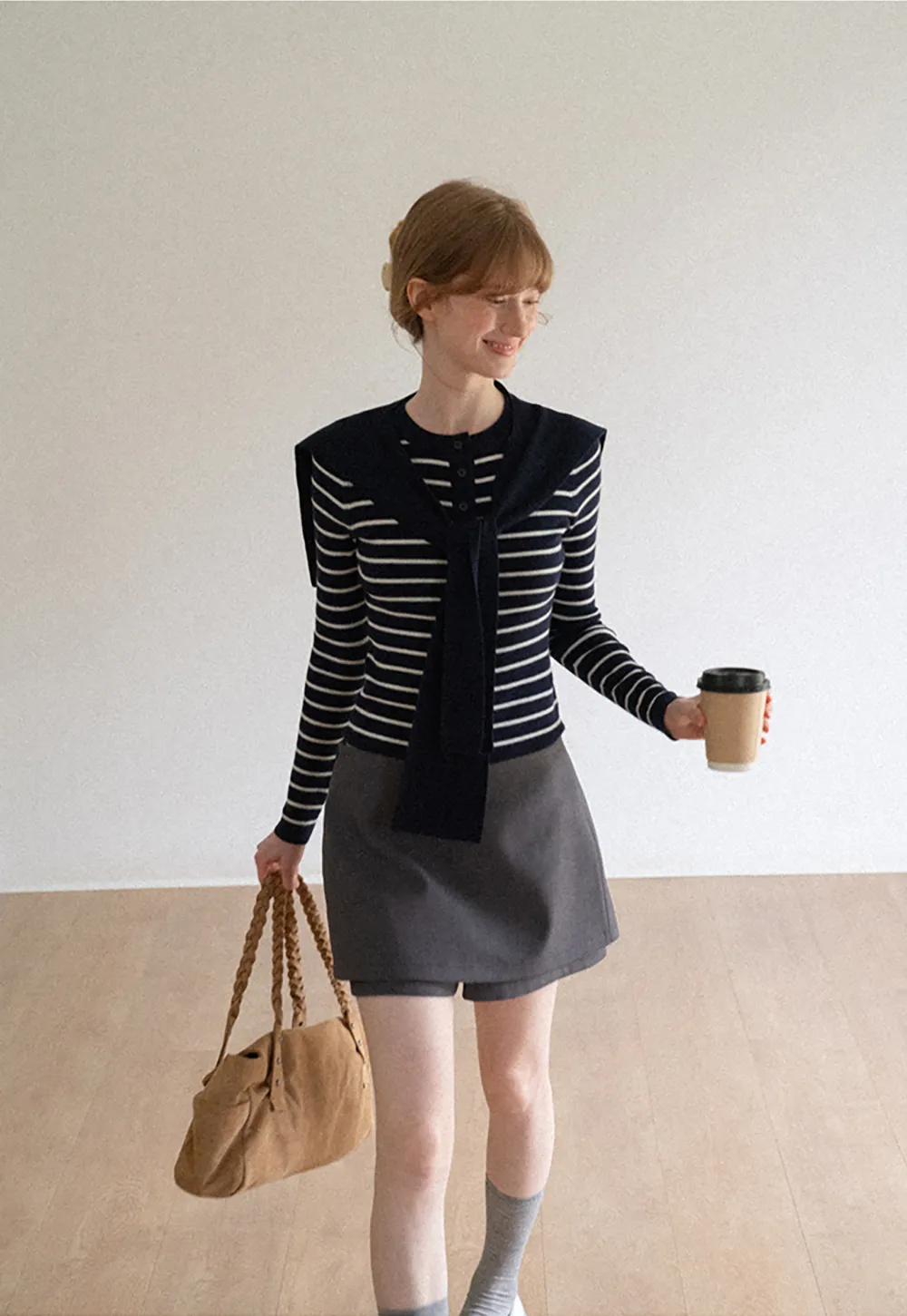 Striped Knit Sweater with Detachable Scarf Collar