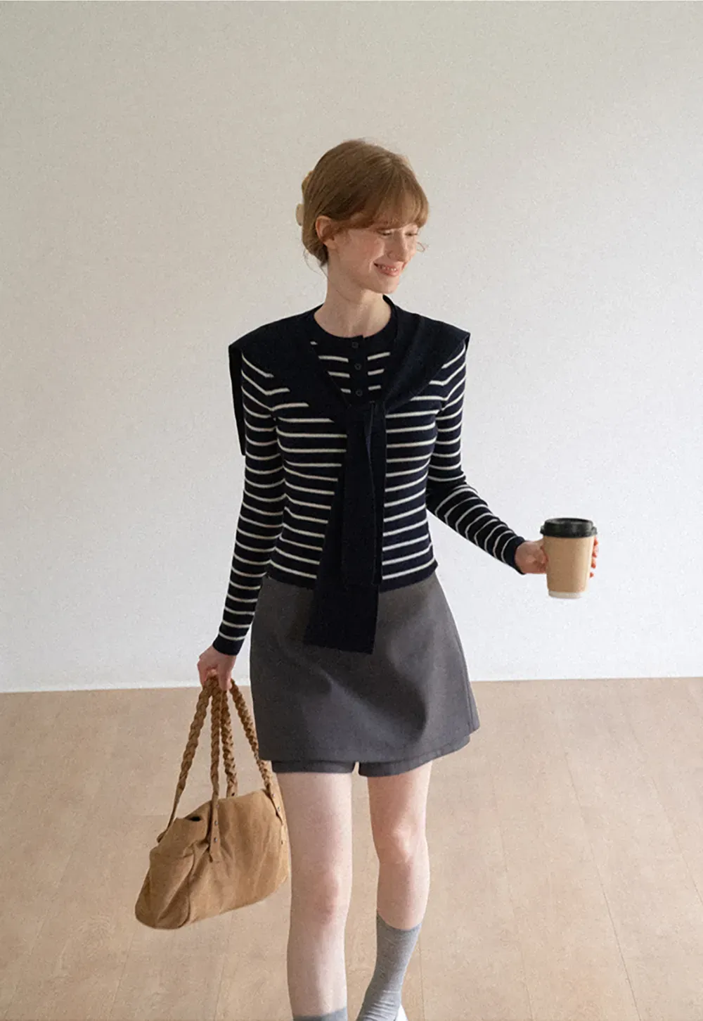Striped Knit Sweater with Detachable Scarf Collar