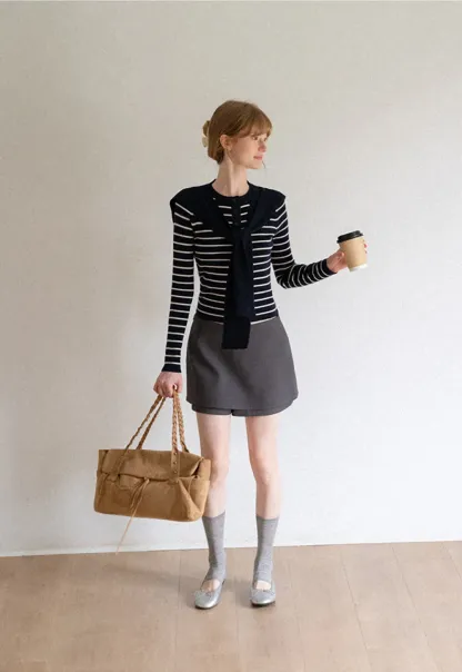 Striped Knit Sweater with Detachable Scarf Collar