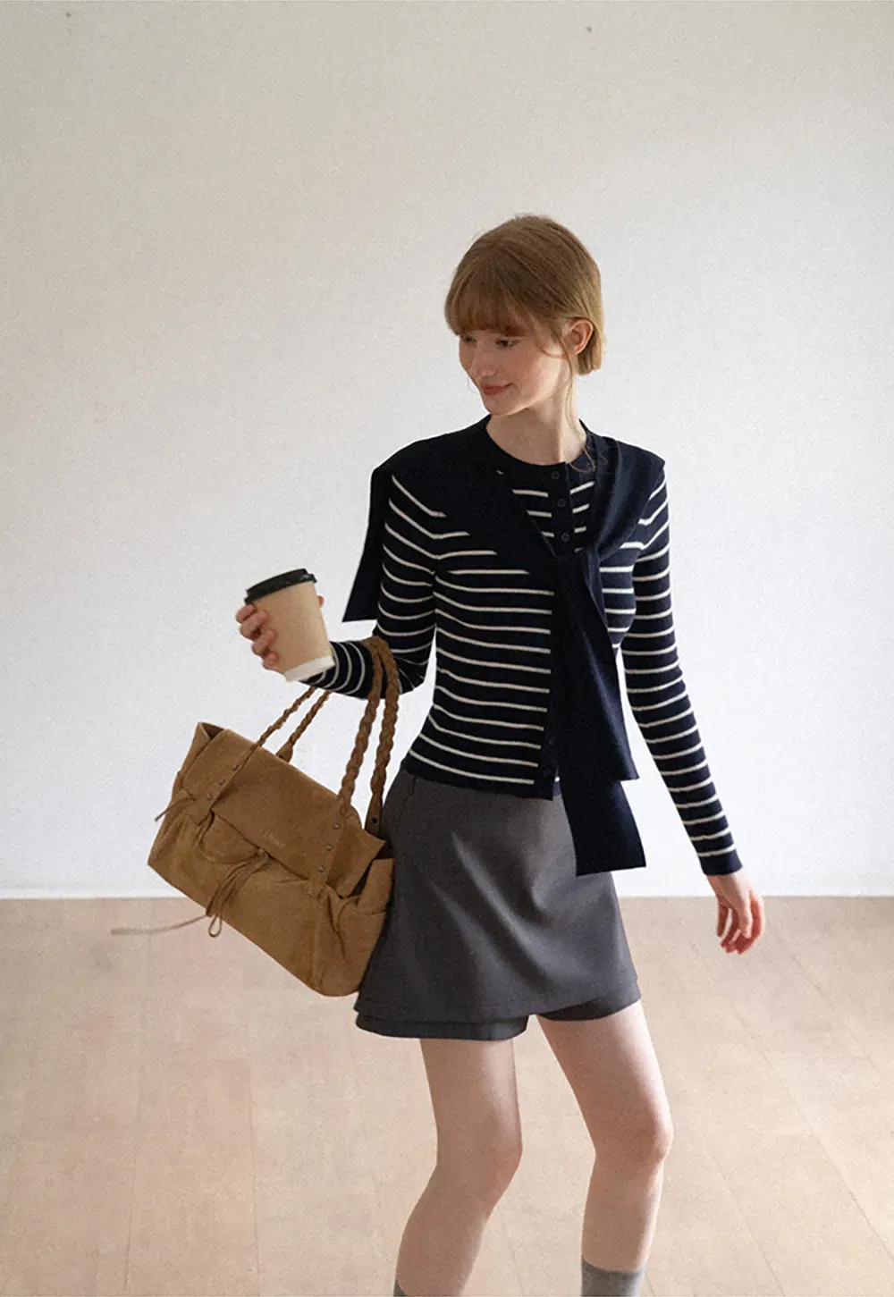 Striped Knit Sweater with Detachable Scarf Collar