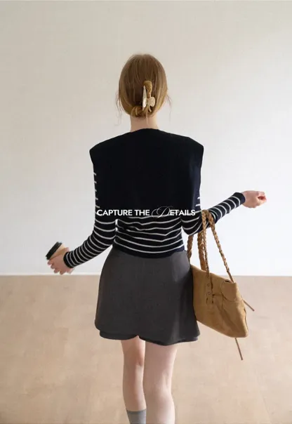 Striped Knit Sweater with Detachable Scarf Collar
