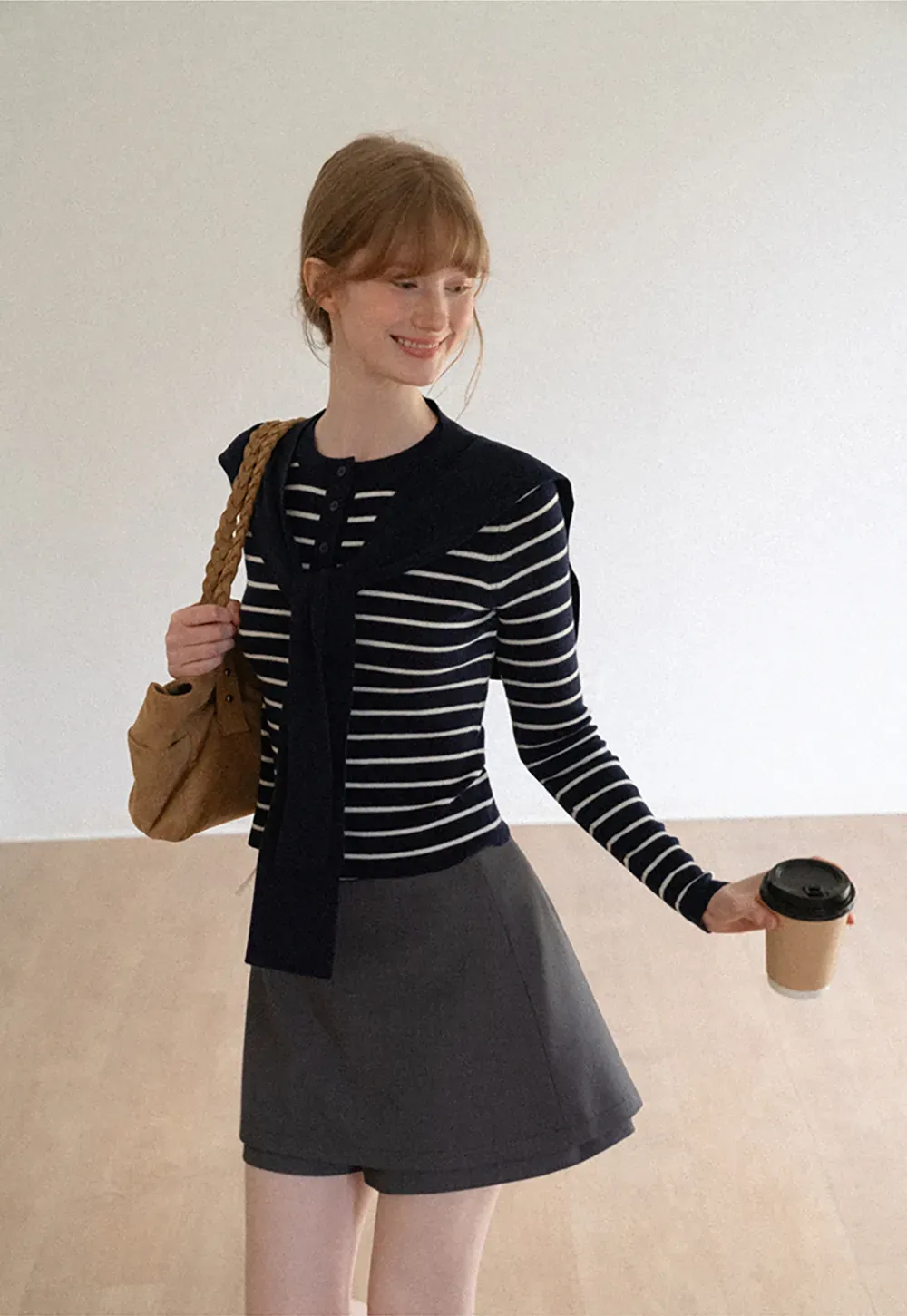 Striped Knit Sweater with Detachable Scarf Collar