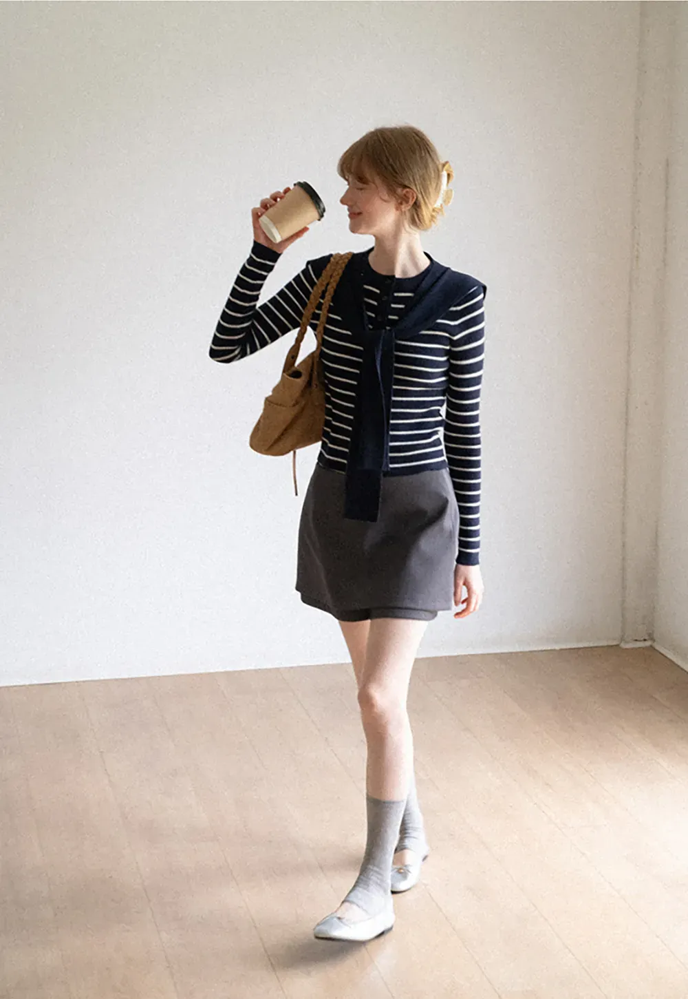 Striped Knit Sweater with Detachable Scarf Collar